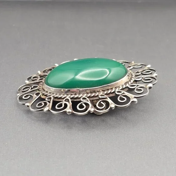 VTG EME 83 Sterling Silver 925 Green Onyx Filigree Brooch Pendant 2" Mexico - Picture 2 of 9